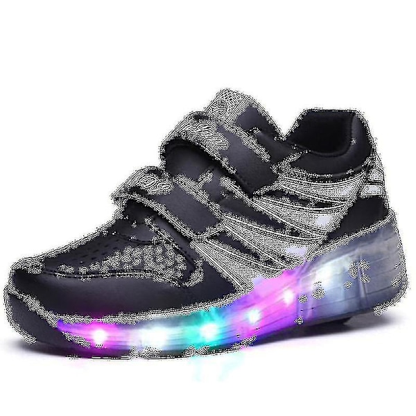 Påskerabat! Højkvalitets 2022 Nye LED-lyssko med Hjul Dobbelte Hjul USB Genopladelige Skatesko Sort Sort Black -AD2- Black 27