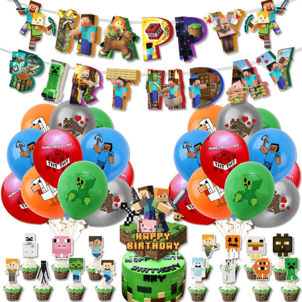 Dekorationer för födelsedagskalas med pixel-tema Pixel Wars My World Pull Flag Cake Insert Ballonger A