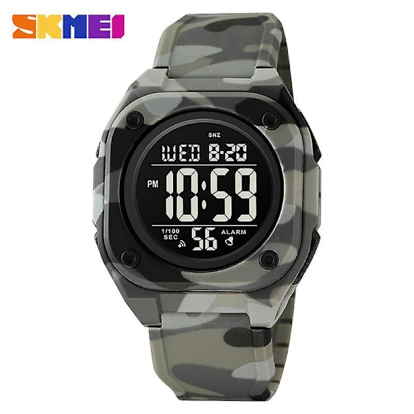 Men's Waterproof Wrist Watch Sport Stopwatch Countdown Square Digital Watches-Grey camouflage