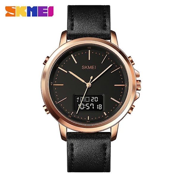 Herre Analog Digital Ure Casual Læderrem Sportur - Rose Gold Skal Sort Maskine