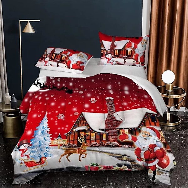 Jultäcke Set Queen Size, Festligt 3D-Tryckt Jultomte Julgran Snögubbe Snöflinga Täcke Lyxigt Mjukt Mikrofiber Sängklädesset-AD4-