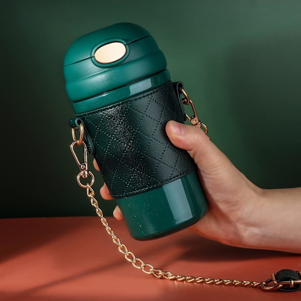 Isoleret vandflaske med sugerør, termoflaske i rustfrit stål med ærme og bærerem, rejsekrus til børn, kvinder og mænd - 16oz/480ml (grøn) -FD3-