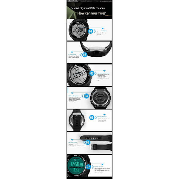 Miesten digitaalinen kello, urheilullinen vedenpitävä kello LED-ajanottohälytyskello - suuri titaani 1025