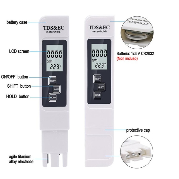 Digital tester 3 i 1 TDS meter EC og temperatur med skærm