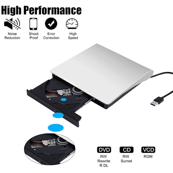Extern DVD-enhet, USB 3.0 bärbar CD/DVD-RW-enhet/DVD-spelare