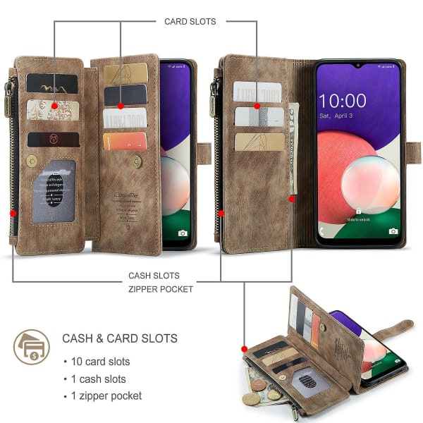 SQBB Etui til Samsung Galaxy A22 5g Wallet Case Holdbart PU Læder Magnetisk Flip Lynlås Kortholder - Brun Brun none【mo】-AD4-