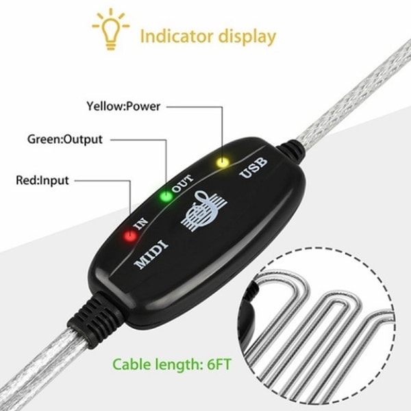 USB IN-UT MIDI-kabel Konverterare PC till Musikkeyboard Adapter Svart One Size-AD4-