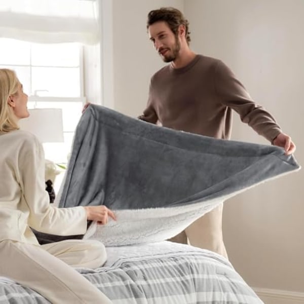 Sherpa Sofateppe Fleecepledd - Grå Pläd 150x200, 2 Personer Myk og Varm -AD6-