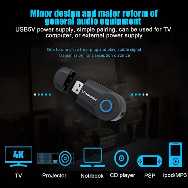 3,5 mm:n Bluetooth-lähetin, langaton kannettava stereolähetin, paritettu Bluetooth-vastaanottimen kanssa, USB-virta-AD4-