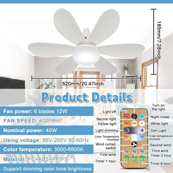 Takvifter med lys og fjernkontroll, 40W dimbar LED-takvifte med 6 blader, E27 konverteringsbase, 3 hastigheter 3 farger Mod -FD1-