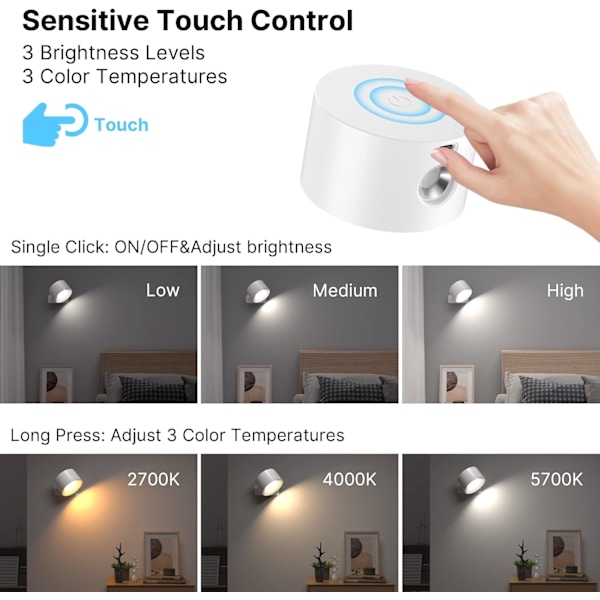 Indendørs væglampe, væglampe med USB-opladning, 3 farver og 3 niveauer LED indendørs 360° drejelig berøringskontrol trådløs væglampe-AD8-