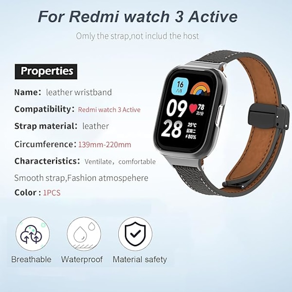 Yhteensopiva ranneke Redmi Watch 3 Active -magneettinen nahkainen vaihdettavat rannekkeet Redmi Watch 3 Active -älykellolle. (Ei isäntää)