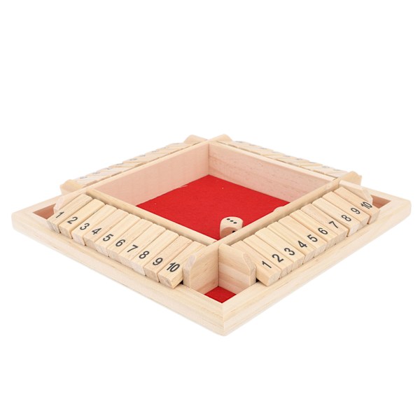 4-sidet Shut The Box terningespil i træ - brætspil med terninger - tal og matematik - læringsspil til voksne og børn - rød filt