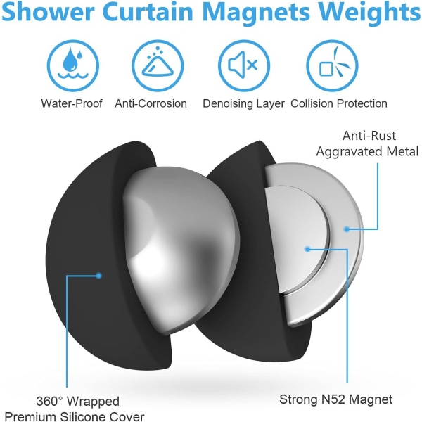 par duschdraperivikter, duschdraperimagneter som aldrig rostar, magneter hindrar duschdraperifoder från att blåsa gardinklämmor - svart