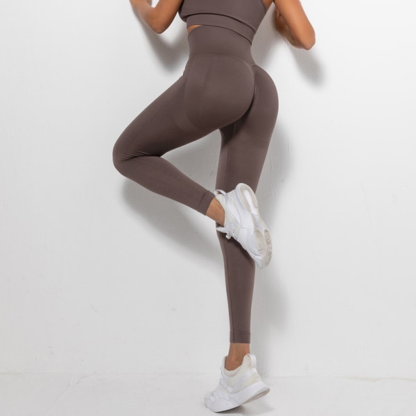 Sport Leggings Høj Talje til Kvinder Gym Fitness Workout Sømløse Yogabukser Kaffe grönt XL