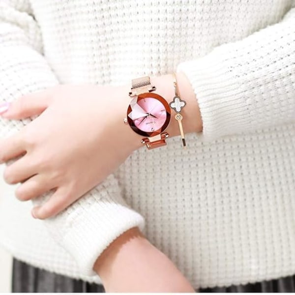 Fashion Damklocka Roséguld Japan Quartz Rostfritt Stål Magnetiskt Nätband Vattentäta Damklockor