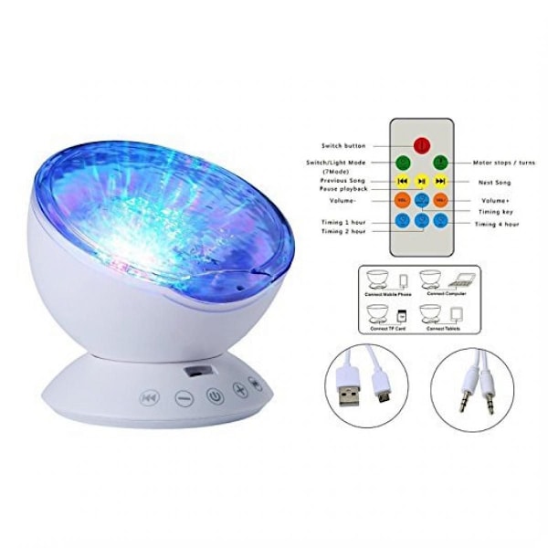 Ocean Wave Projektor, LED Fjernbetjening Undervands Projektor Lampe med 7 Farver Lys og 4 Lyde Indbygget Højttaler til Børn Voksne{f2}-AD8-