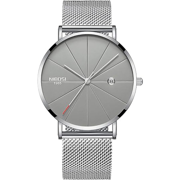 Minimalistisk herrklocka Sport Quartz Analog Klockor Kalender Rostfritt Stål Mesh Armband Ultra Tunna Armbandsur Silver 20mm