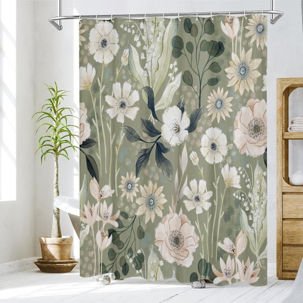 Grönt Blommigt Duschdraperi, Sommarväxtblad Tyg Duschdraperier för Chic Elegant Badrumsinredning, Modern Ab -AD5-