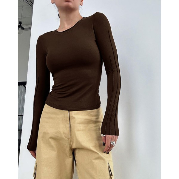 Långärmad skjorta dam tight rundringad långärmad crop top Y2K slim fit toppar Brun S