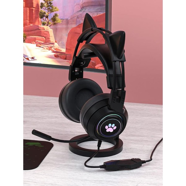 Kabelanslutet spelheadset, söt kattöra RGB-bakgrundsbelysning Over-ear hörlurar brusreducerande mikrofon Surroundljud för bärbar dator Black