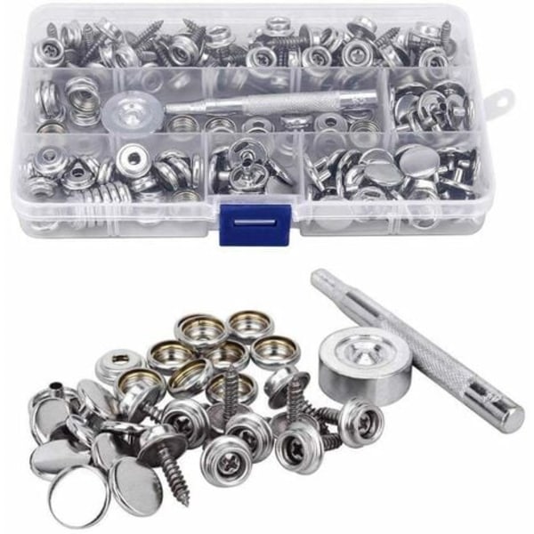 Trykknapper, 150 stk Rustfritt stål Skruetrykknapper 15 mm metall Trykknappsett med 2 festeverktøy -AD11-