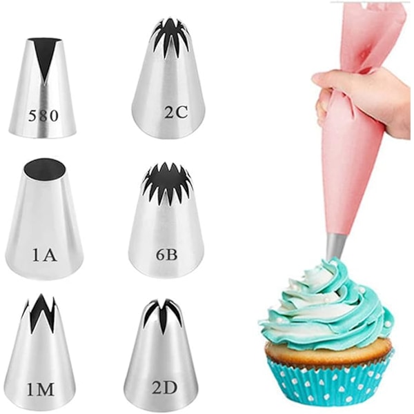 Set med 6 stora professionella tyllar (580, 2D, 2C, 1M, 1A, 6B) för spritspåsar - dekorera och förbered cupcakes, kakor, pajer, kroketter-AD4-