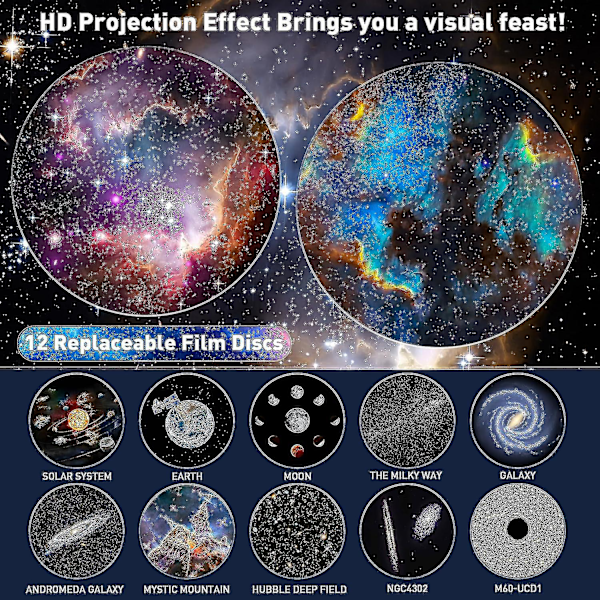 Planetarie Stjerneprojektor, Galakseprojektor, Realistisk Stjernehimmel Natlampe Med 12 Filmdiske, Solsystem Konstellation Måne Til Børneværelse L -FD1-