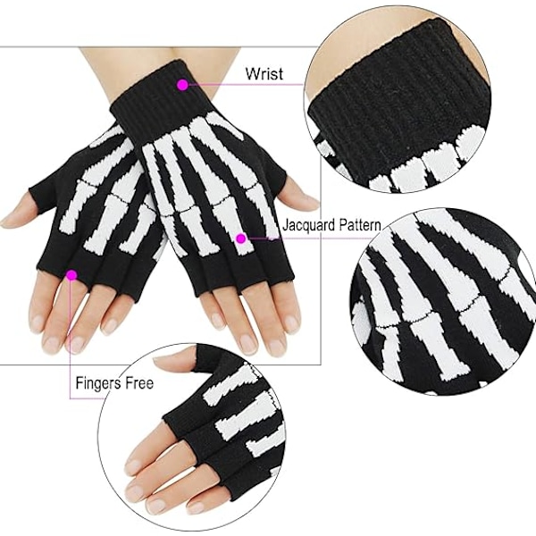 Unisex Strækbare Fingerløse Vanter med Skeletdesign{f2}-AD8-
