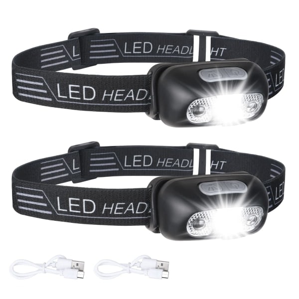 2-pak USB-genopladelig pandelampe, IPX6 vandtæt, ultralet superlys 160 lumen LED-hovedlampe med bevægelsessensor og rødt lys