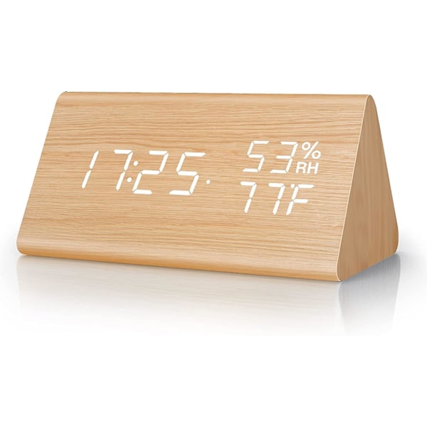 Wooden Digital Alarm Clock, Led Time Display, Weekday/weekend Mode, 12/24hr, Adjustable Brightness And Voice Control & Temperature Detect, For Bedroom