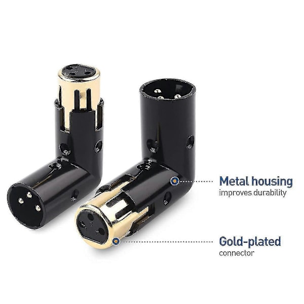 2 stk. Lydadapter Stik Justerbar Han til Hun Højre Vinkel XLR Adapter 3-polet Sort (XLR 90 Graders Adapter)
