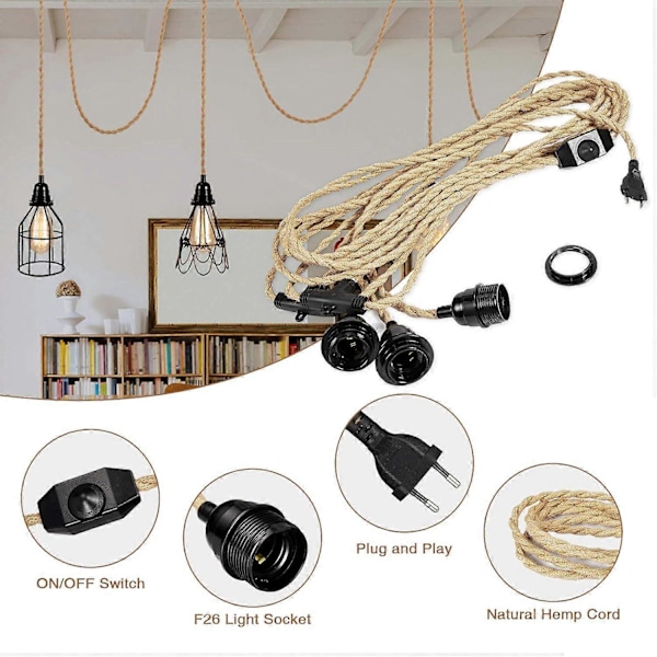 6,8M 2-leder Linen Elektrisk Kabel, med E27 Fatning og Afbryder, til DIY Lampe (uden pære)