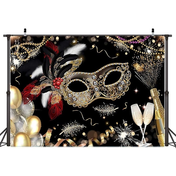 Yq 7x5ft Maskeradfest Fotobakgrund Guld och Svart Mask Fjäder Champagne Fotografi Bakgrund Lyxig Födelsedag Mardi Gras Fotostudio Rekvisita B