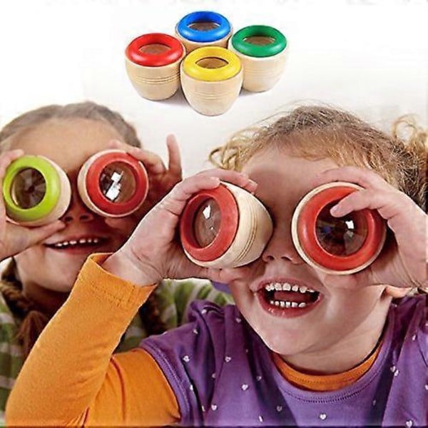 4 st Träleksaker Bi-öga Effekt Mini Magic Kalejdoskop för att Observera den Färgglada Världen Roliga Barnpresenter