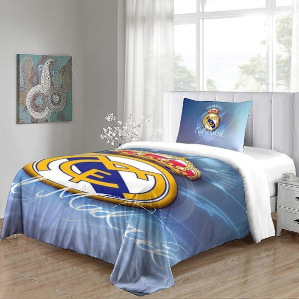 Real Madrid Logo 3 3D-tryckt Design Känd Fotbollslag Sängkläder Set med Täcke och Kuddfodral Singel Singel135x200cm