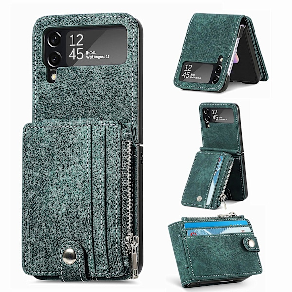 Plånboksfodral för Galaxy Z Flip 3 med kortfack, 2-i-1 avtagbart, blixtlås, slimmad retro PU-läder skyddande flip-telefonfodral