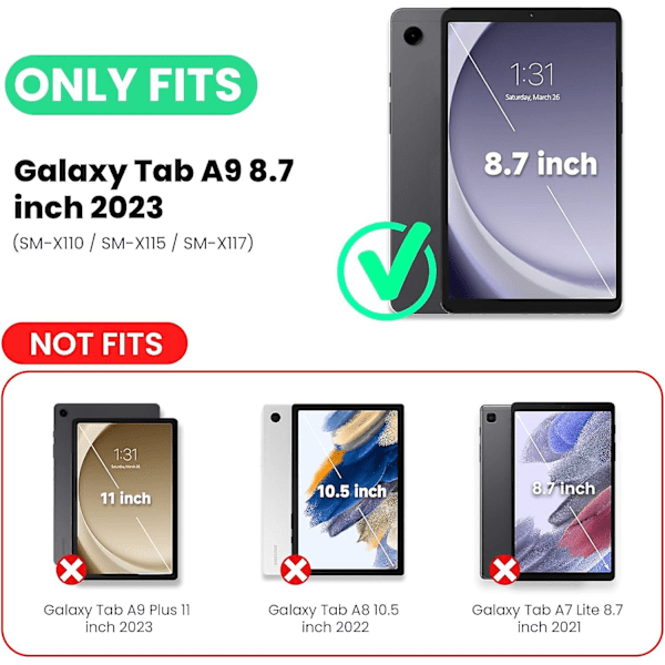 Samsung Galaxy Tab A9 -kotelo 8,7 tuumaa 2023, Liiketoimintaan sopiva iskunkestävä Galaxy Tab A9 -kotelo monikulmaisella magneettitelineellä, automaattinen lepotila/herätys