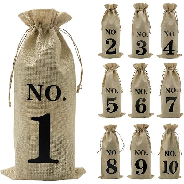 Heytea 10pcs Jute Wine Bags, 14 X 6 1/4 Inches Hessian Numbered Wine Bottle Gift Bags With Drawstring For Blind Winetasting (brown)