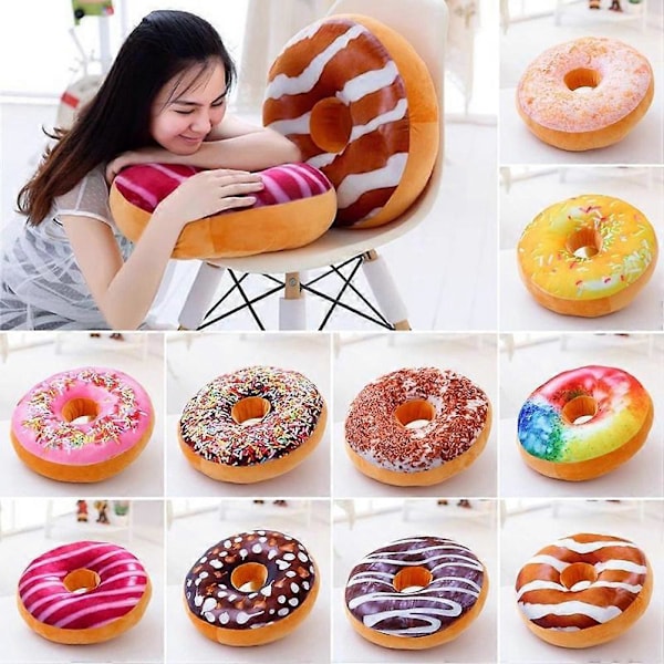 3D Donut Pute Koselig Sete Rygg Putestøtte Doughnut Pleddpute Plussj Leke for Stue Soverom Hjemmedekor 40cm (Regnbue Glasur Sukker)
