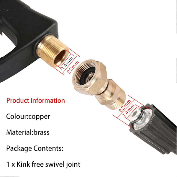 Trycksättningsrengöringsapparat Swivel Joint, Fri Koppling till Slang, Vridskyddad Metrisk M22 14 mm Anslutning, 3000 Psi