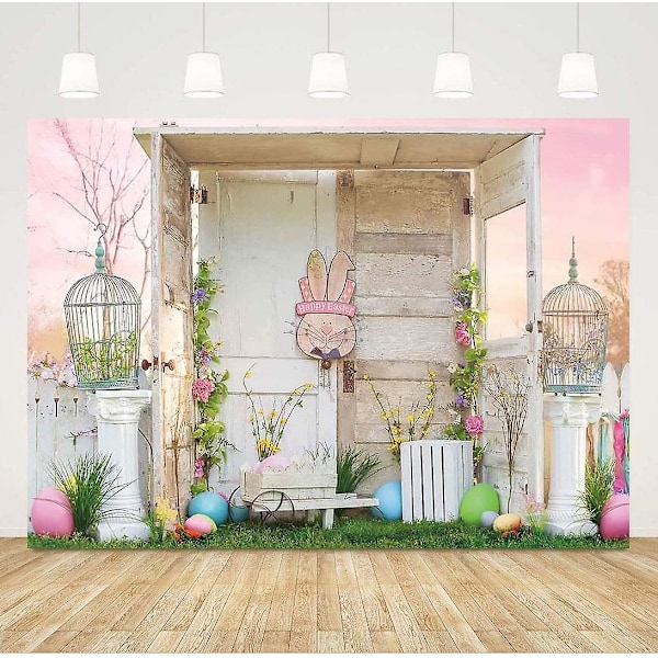 Forårs Glad Påske Pink Himmel Foto Baggrunde Kanin Farverige Æg Grønt Græs Baggrund Vinyl 5x3ft Børn Nyfødt Fest Foto Baggrund Piger Bir