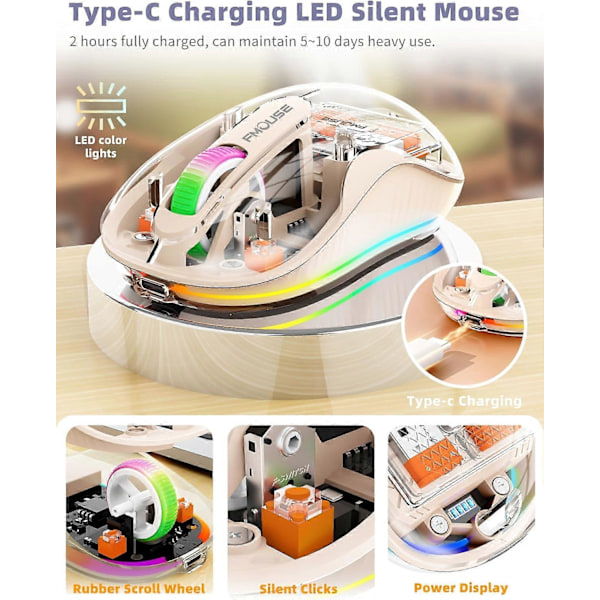 Trådløs Mus, Computermus til Laptop/Desktop PC, Lydløs Mus med RGB-lys, 5.1 Bluetooth Mus, Dobbelt Bluetooth + USB & Type-C 2.4G 2400 DPI