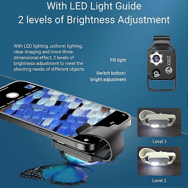 APEXEL 200X Mikroskopobjektiv med CPL, Rörligt LED-ljus, Mini Fickmakroobjektiv för iPhone