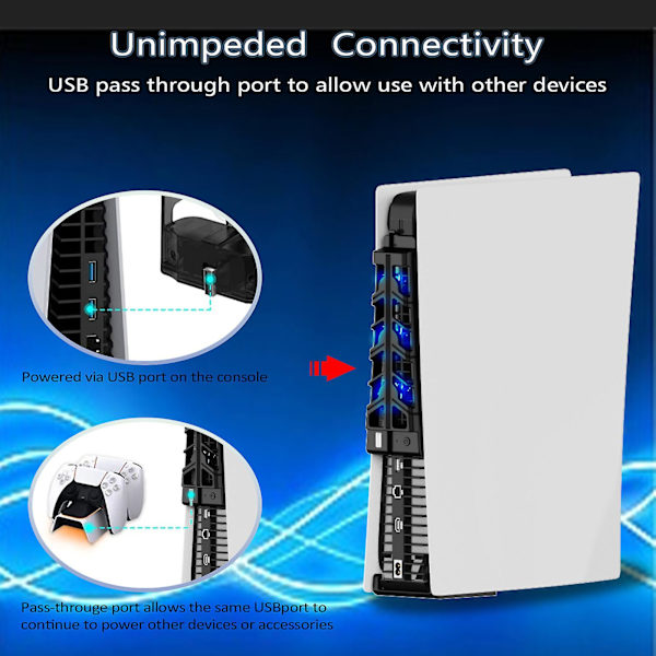 PS5 Kylfläkt med LED-belysning och USB 3.0-hubbar, effektivt kylsystem för PS5 Digital & Disc Edition, PS5-tillbehör