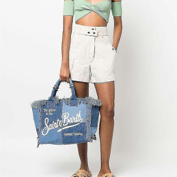 Fsw Stor Strandtaske Med Håndlavet Kvast, Modetrykt Denim Tote Bag_