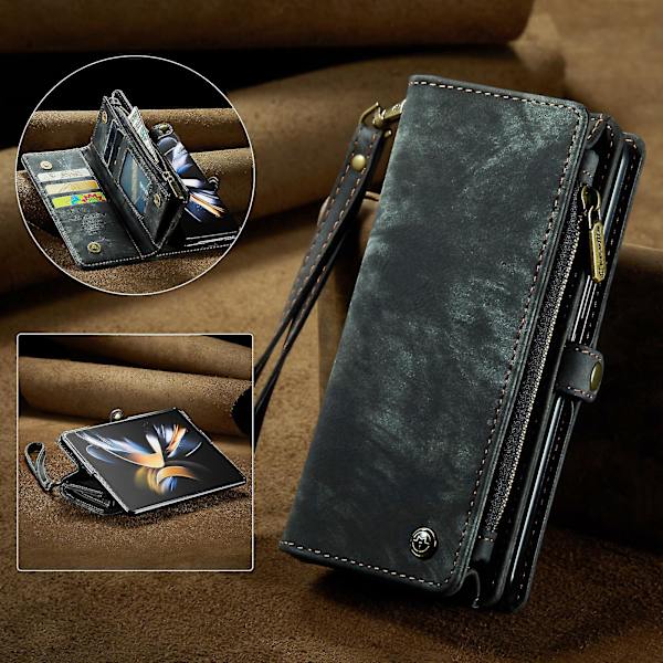 Korthållare med blixtlås för Samsung Galaxy Z Fold 4, PU-läderfodral med korthållare & handledsrem