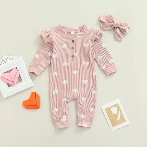 Nyfödd Baby Flicka Kläder Volang Långärmad Onesie Bodysuit Hårband 2-delars Set Kläder