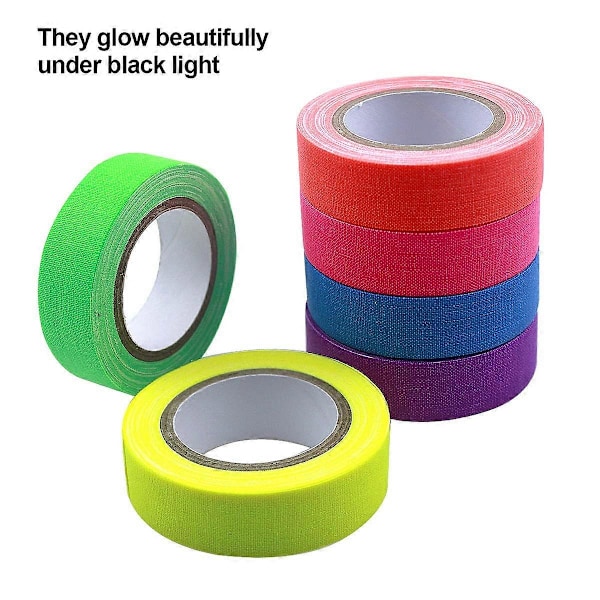 6 Ruller Fluorescerende Klæbebånd, Lysende Neon Gaffer Tape, Selvklæbende UV Sortlys Reaktiv Spike Tape Gløder i Mørket