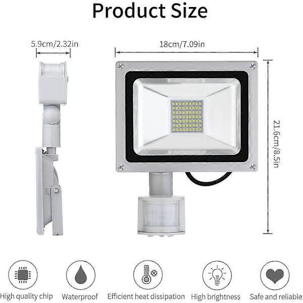 30W Udendørs Bevægelsessensor Overlygte 2700LM 6500K Kold Hvid Udendørs LED Spotlight IP65 Vandafvisende Sikkerhedsl lampe til Have Garager Balkoner